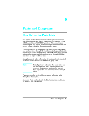 Page 3018
Parts and Diagrams
How To Use the Parts Lists
The figures in this chapter illustrate the major subassemblies
and component parts of the HP LaserJet 4/4M, LaserJet 4 Plus/
4M Plus, and LaserJet 5/5M/5N printers. When ordering an
electrical part, pay special attention that the part chosen has the
correct voltage rating for the machine under repair.
Part numbers with no indicator in the Notes column are stocked
and can be ordered through Hewlett-Packard’s Support Materials
Organization (SMO). Parts marked...