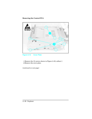 Page 376Removing the Control PCA 
1Remove the (2) screws shown in Figure A-16, callout 1.
2Remove the cover plate.
(continued on next page)
Figure A-16 Cover Plate
A -20  Duplexer  