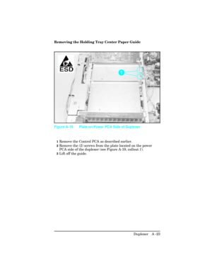 Page 379Removing the Holding Tray Center Paper Guide
 
1Remove the Control PCA as described earlier.
2Remove the (2) screws from the plate located on the power
PCA side of the duplexer (see Figure A-19, callout 1).
3Lift off the guide.
Figure A-19 Plate on Power PCA Side of Duplexer
Duplexer   A -23 
