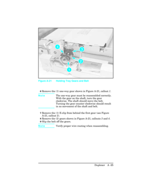 Page 3816Remove the (1) one-way gear shown in Figure A-21, callout 1.
NoteThe one-way gear must be reassembled correctly.
With the gear on the shaft, turn the gear
clockwise. The shaft should move the belt.
Turning the gear counter clockwise should result
in no movement of the shaft and belt.
7Remove the (1) E-clip from behind the first gear (see Figure
A-21, callout 2).
8Remove the (2) gears shown in Figure A-21, callouts 3 and 4.
9Slip the belt off the gears. 
Note Verify proper wire routing when...