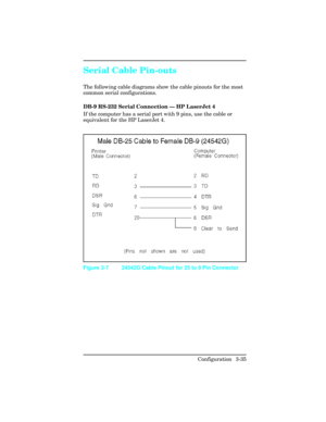 Page 71Serial Cable Pin-outs 
The following cable diagrams show the cable pinouts for the most
common serial configurations.
DB-9 RS-232 Serial Connection — HP LaserJet 4 
If the computer has a serial port with 9 pins, use the cable or
equivalent for the HP LaserJet 4.
Figure 3-7 24542G Cable Pinout for 25 to 9 Pin Connector
Configuration 3-35 