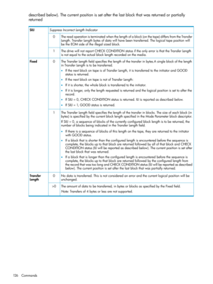 Page 126describedbelow).Thecurrentpositionissetafterthelastblockthatwasreturnedorpartially
returned
SuppressIncorrectLengthIndicatorSILI
Thereadoperationisterminatedwhenthelengthofablock(onthetape)differsfromtheTransfer
Length.TransferLengthbytesofdatawillhavebeentransferred.Thelogicaltapepositionwill
betheEOMsideoftheillegalsizedblock.
0
ThedrivewillnotreportCHECKCONDITIONstatusiftheonlyerroristhattheTransferLength
isnotequaltotheactualblocklengthrecordedonthemedia.
1...