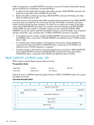 Page 142buffer.Consequently,usingREADBUFFERcommandstoaccesstheSnapshotdatabufferrequires
specialhandlingandconsideration,asdescribedbelow.
1.TodeterminethelengthoftheSnapshotdatabuffer,executeaREADBUFFERcommandwith
ModesettoDescriptor(03h)andBufferIDsetto40h.
2.RetrievethebuffercontentsbyexecutingaREADBUFFERcommandwithModesettoData
(02h)andBufferIDsetto40h.
SothatthecontentsoftheSnapshotdatabufferarepreservedduringretrievalusingaREADBUFFER...