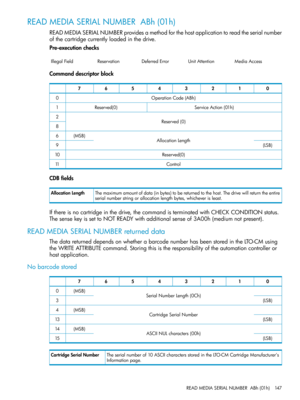 Page 147READMEDIASERIALNUMBERABh(01h)
READMEDIASERIALNUMBERprovidesamethodforthehostapplicationtoreadtheserialnumber
ofthecartridgecurrentlyloadedinthedrive.
Pre-executionchecks
MediaAccessUnitAttentionDeferredErrorReservationIllegalField
Commanddescriptorblock
01234567
OperationCode(ABh)0
ServiceAction(01h)Reserved(0)1
Reserved(0)2
8
AllocationLength(MSB)6
(LSB)9
Reserved(0)10
Control11
CDBfields
Themaximumamountofdata(inbytes)tobereturnedtothehost.Thedrivewillreturntheentire...