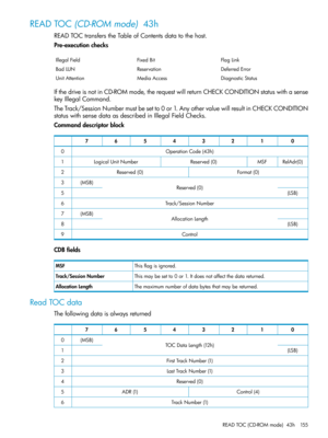 Page 155READTOC(CD-ROMmode)43h
READTOCtransferstheTableofContentsdatatothehost.
Pre-executionchecks
FlagLinkFixedBitIllegalField
DeferredErrorReservationBadLUN
DiagnosticStatusMediaAccessUnitAttention
IfthedriveisnotinCD-ROMmode,therequestwillreturnCHECKCONDITIONstatuswithasense
keyIllegalCommand.
TheTrack/SessionNumbermustbesetto0or1.AnyothervaluewillresultinCHECKCONDITION
statuswithsensedataasdescribedinIllegalFieldChecks.
Commanddescriptorblock
01234567
OperationCode(43h)0...