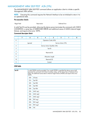 Page 85MANAGEMENTARMSELF-TESTA3h(1Fh)
TheMANAGEMENTARMSELF-TESTcommandallowsanapplicationclienttoinitiateaspecific
ManagementARMself-test.
NOTE:ExecutingthiscommandrequirestheNetworkInterfacetobere-initializedtoreturnitto
anoperationalstate.
Pre-executionchecks
DeferredErrorReservationIllegalField
AvalidTestIDmustbeprovided,otherwisethedeviceserverterminatesthecommandwithCHECK
CONDITION,asensekeyofHARDWAREERRORandadditionalsenseof4400h(internaltarget
failure),andreportsdriveerror1879h.
Commanddescriptorblock...