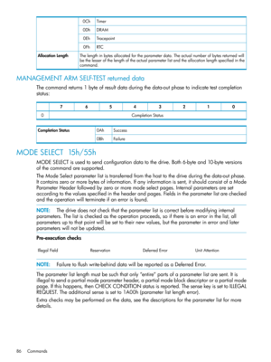 Page 86Timer0Ch
DRAM0Dh
Tracepoint0Eh
RTC0Fh
Thelengthinbytesallocatedfortheparameterdata.Theactualnumberofbytesreturnedwill
bethelesserofthelengthoftheactualparameterlistandtheallocationlengthspecifiedinthe
command.
AllocationLength
MANAGEMENTARMSELF-TESTreturneddata
Thecommandreturns1byteofresultdataduringthedata-outphasetoindicatetestcompletion
status:
01234567
CompletionStatus0
Success0AhCompletionStatus
Failure0Bh
MODESELECT15h/55h...