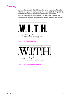 Page 1147-4   FontsEN
Spacing      
Another characteristic that differentiates fonts is spacing. Fonts have 
either fixed or proportional spacing. Fixed-spaced fonts (Figure 7-3) 
are those in which the inter-character spacing is constant. 
Proportionally-spaced fonts (Figure 7-4) are those in which the 
inter-character spacing varies with the natural shape of a character.
Figure 7-3 Fixed Spacing
Figure 7-4 Proportional Spacing 