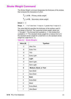 Page 1388-16   PCL Font SelectionEN
Stroke Weight Command 
The Stroke Weight command designates the thickness of the strokes 
that compose the characters of a font.
E
C ( s # B -  Primary stroke weight
E
C ) s # B -  Secondary stroke weight 
Default =0
Range = - 7 to 7 (less than -7 maps to -7; greater than 7 maps to 7) 
The value field (#) specifies the thickness of the strokes used in 
the design of the font. The supported stroke weight values are 
–7 through 7. The thinnest font available is –7; the thickest...