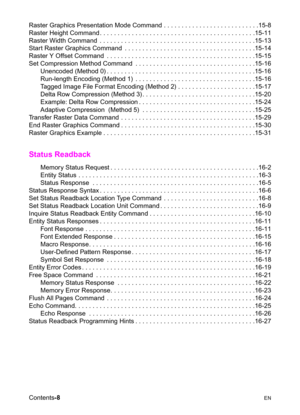 Page 20Contents-8  EN
Raster Graphics Presentation Mode Command . . . . . . . . . . . . . . . . . . . . . . . . . . .15-8
Raster Height Command . . . . . . . . . . . . . . . . . . . . . . . . . . . . . . . . . . . . . . . . . . . .15-11
Raster Width Command  . . . . . . . . . . . . . . . . . . . . . . . . . . . . . . . . . . . . . . . . . . . .15-13
Start Raster Graphics Command  . . . . . . . . . . . . . . . . . . . . . . . . . . . . . . . . . . . . .15-14
Raster Y Offset Command  . . . . . . . . . . . . . . ....