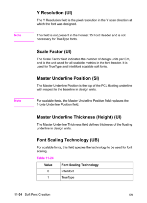 Page 21611-34   Soft Font CreationEN
Y Resolution (UI)
The Y Resolution field is the pixel resolution in the Y scan direction at 
which the font was designed.
NoteThis field is not present in the Format 15 Font Header and is not 
necessary for TrueType fonts. 
Scale Factor (UI)   
The Scale Factor field indicates the number of design units per Em, 
and is the unit used for all scalable metrics in the font header. It is 
used for TrueType and Intellifont scalable soft fonts. 
Master Underline Position (SI)   
The...