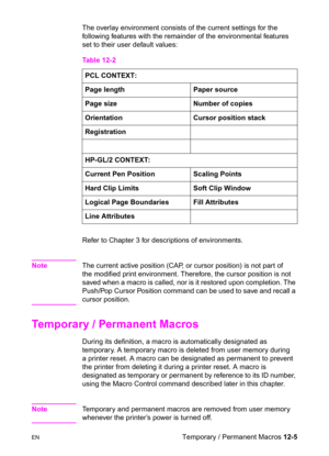 Page 261ENTemporary / Permanent Macros 12-5 The overlay environment consists of the current settings for the 
following features with the remainder of the environmental features 
set to their user default values: 
Refer to Chapter 3 for descriptions of environments.
NoteThe current active position (CAP, or cursor position) is not part of 
the modified print environment. Therefore, the cursor position is not 
saved when a macro is called, nor is it restored upon completion. The 
Push/Pop Cursor Position command...