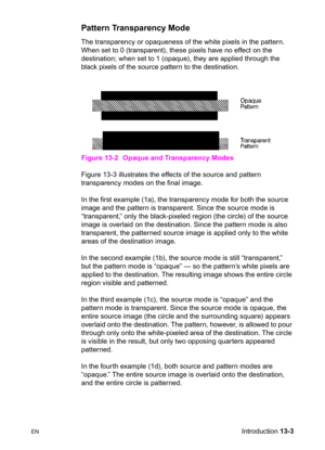 Page 269ENIntroduction 13-3
Pattern Transparency Mode
The transparency or opaqueness of the white pixels in the pattern. 
When set to 0 (transparent), these pixels have no effect on the 
destination; when set to 1 (opaque), they are applied through the 
black pixels of the source pattern to the destination.
Figure 13-2 Opaque and Transparency Modes
Figure 13-3 illustrates the effects of the source and pattern 
transparency modes on the final image.
In the first example (1a), the transparency mode for both the...