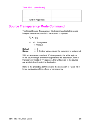 Page 27213-6   The PCL Print ModelEN
Source Transparency Mode Command 
The Select Source Transparency Mode command sets the source 
image’s transparency mode to transparent or opaque.
E
C * v # N
#  =0 - Transparent
1 - Opaque 
Default =0
Range =0, 1 (other values cause the command to be ignored)
With a transparency mode of “0” (transparent), the white regions 
of the source image are not be copied onto the destination. With a 
transparency mode of “1” (opaque), the white pixels in the source 
are applied...
