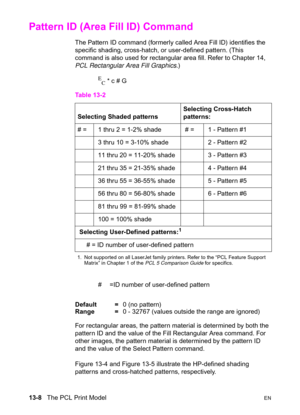 Page 27413-8   The PCL Print ModelEN
Pattern ID (Area Fill ID) Command 
The Pattern ID command (formerly called Area Fill ID) identifies the 
specific shading, cross-hatch, or user-defined pattern. (This 
command is also used for rectangular area fill. Refer to Chapter 14, 
PCL Rectangular Area Fill Graphics.)
E
C * c # G
#  =ID number of user-defined pattern
Default =0 (no pattern)
Range =0 - 32767 (values outside the range are ignored)  
For rectangular areas, the pattern material is determined by both the...