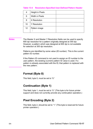 Page 283ENUser-Defined Pattern Command 13-17
NotesThe Master X and Master Y Resolution fields can be used to specify 
600 dpi resolution for a pattern originally designed at 300 dpi. 
However, a pattern which was designed at 600 dpi is not available 
for selection at 300 dpi resolution.
Patterns are identified by some value (ID number). This is the current 
pattern ID number.
If the Pattern ID command is not used to assign an ID number to the 
user pattern, the existing (current) pattern ID value is used. If a...