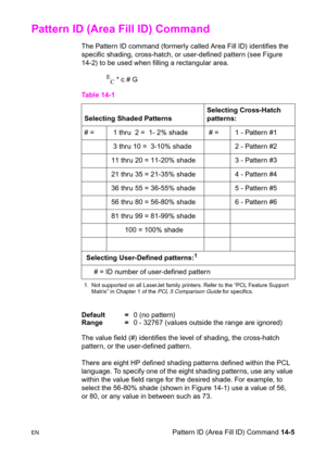 Page 295ENPattern ID (Area Fill ID) Command 14-5
Pattern ID (Area Fill ID) Command 
The Pattern ID command (formerly called Area Fill ID) identifies the 
specific shading, cross-hatch, or user-defined pattern (see Figure 
14-2) to be used when filling a rectangular area.
E
C * c # G
Default =0 (no pattern)
Range =0 - 32767 (values outside the range are ignored)
The value field (#) identifies the level of shading, the cross-hatch 
pattern, or the user-defined pattern.
There are eight HP defined shading patterns...