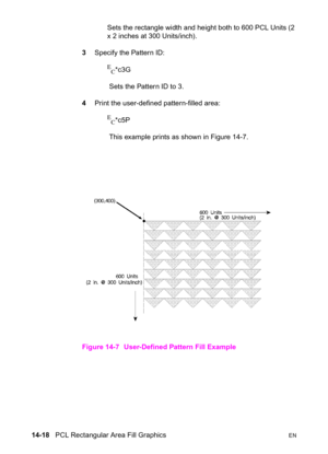 Page 30814-18   PCL Rectangular Area Fill GraphicsEN
Sets the rectangle width and height both to 600 PCL Units (2 
x 2 inches at 300 Units/inch).
3Specify the Pattern ID:
E
C*c3G 
 Sets the Pattern ID to 3.
4Print the user-defined pattern-filled area:
E
C*c5P 
 This example prints as shown in Figure 14-7.
Figure 14-7 User-Defined Pattern Fill Example 