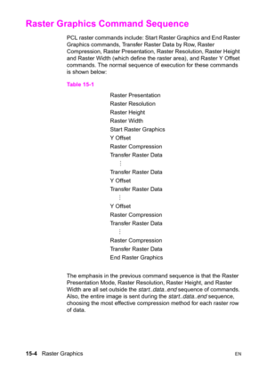 Page 31215-4   Raster GraphicsEN
Raster Graphics Command Sequence 
PCL raster commands include: Start Raster Graphics and End Raster 
Graphics commands, Transfer Raster Data by Row, Raster 
Compression, Raster Presentation, Raster Resolution, Raster Height 
and Raster Width (which define the raster area), and Raster Y Offset 
commands. The normal sequence of execution for these commands 
is shown below:
The emphasis in the previous command sequence is that the Raster 
Presentation Mode, Raster Resolution, Raster...