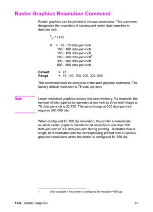 Page 31415-6   Raster GraphicsEN
Raster Graphics Resolution Command 
Raster graphics can be printed at various resolutions. This command 
designates the resolution of subsequent raster data transfers in 
dots-per inch.
E
C * t # R 
#  =   75 - 75 dots-per-inch
100 - 100 dots-per-inch
150 - 150 dots-per-inch
200 - 200 dots-per-inch
1
300 - 300 dots-per-inch
600 - 600 dots-per-inch
Default =75
Range =75, 100, 150, 200, 300, 600
This command must be sent prior to the start graphics command. The 
factory default...