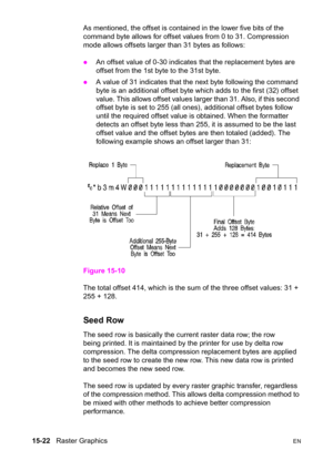 Page 33015-22   Raster GraphicsEN
As mentioned, the offset is contained in the lower five bits of the 
command byte allows for offset values from 0 to 31. Compression 
mode allows offsets larger than 31 bytes as follows:
zAn offset value of 0-30 indicates that the replacement bytes are 
offset from the 1st byte to the 31st byte.
zA value of 31 indicates that the next byte following the command 
byte is an additional offset byte which adds to the first (32) offset 
value. This allows offset values larger than 31....