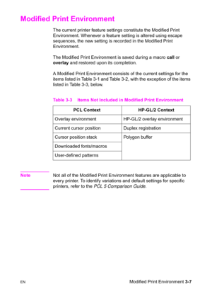 Page 51ENModified Print Environment 3-7
Modified Print Environment 
The current printer feature settings constitute the Modified Print 
Environment. Whenever a feature setting is altered using escape 
sequences, the new setting is recorded in the Modified Print 
Environment.
The Modified Print Environment is saved during a macro call or 
overlay and restored upon its completion.
A Modified Print Environment consists of the current settings for the 
items listed in Table 3-1 and Table 3-2, with the exception of...