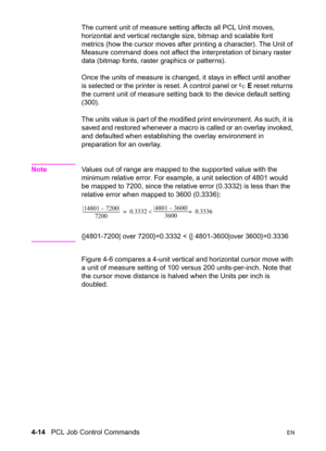 Page 684-14   PCL Job Control CommandsEN
The current unit of measure setting affects all PCL Unit moves, 
horizontal and vertical rectangle size, bitmap and scalable font 
metrics (how the cursor moves after printing a character). The Unit of 
Measure command does not affect the interpretation of binary raster 
data (bitmap fonts, raster graphics or patterns).
Once the units of measure is changed, it stays in effect until another 
is selected or the printer is reset. A control panel or ? E reset returns 
the...