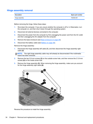 Page 42Hinge assembly removal
DescriptionSpare part number
Hinge assembly702354-001
Before removing the hinge, follow these steps:
1.Shut down the computer. If you are unsure whether the computer is off or in Hibernation, turn
the computer on, and then shut it down through the operating system.
2.Disconnect all external devices connected to the computer.
3.Disconnect the power from the computer by first unplugging the power cord from the AC outlet
and then unplugging the AC adapter from the computer.
4.Remove...