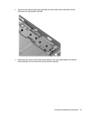 Page 552.Disconnect the webcam light board cable (4), the power button board cable (5), and then
disconnect the right speaker cable (6).
3.Disconnect the volume control button board cable (1), the micro Digital Media Card Reader
board cable (2), and then disconnect the left speaker cable (3).
Component replacement procedures 47 