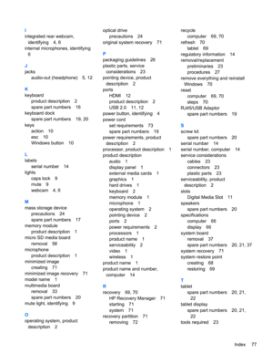 Page 85I
integrated rear webcam,
identifying 4, 6
internal microphones, identifying
6
J
jacks
audio-out (headphone) 5, 12
K
keyboard
product description 2
spare part numbers 16
keyboard dock
spare part numbers 19, 20
keys
action 10
esc 10
Windows button 10
L
labels
serial number 14
lights
caps lock 9
mute 9
webcam 4, 6
M
mass storage device
precautions 24
spare part numbers 17
memory module
product description 1
micro SD media board
removal 58
microphone
product description 1
minimized image
creating 71...