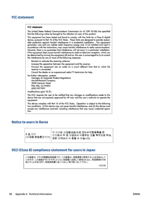 Page 104FCCstatement
NoticetousersinKorea
VCCI(ClassB)compliancestatementforusersinJapan
98AppendixATechnicalinformationENWW 