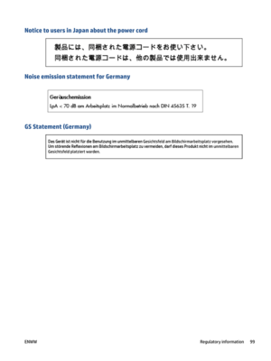 Page 105NoticetousersinJapanaboutthepowercord
NoiseemissionstatementforGermany
GSStatement(Germany)
ENWWRegulatoryinformation99 