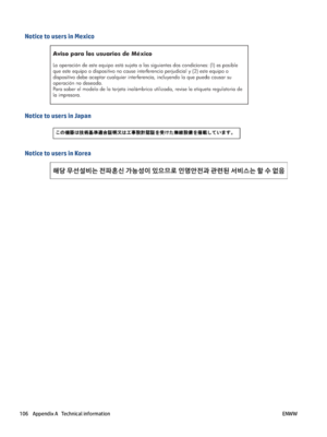 Page 112NoticetousersinMexico
NoticetousersinJapan
NoticetousersinKorea
106AppendixATechnicalinformationENWW 