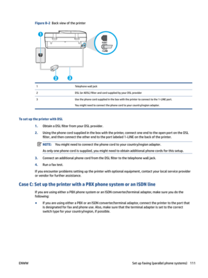 Page 117FigureB-2Backviewoftheprinter1Telephonewalljack2DSL(orADSL)