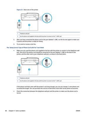 Page 86Figure9-1Backviewoftheprinter1Telephonewalljack2Usethephonecordsuppliedintheboxwiththeprintertoconnecttothe1-LINEport
2.Afteryouhaveconnectedthephonecordtotheportlabeled1-LINE,runthefaxtestagaintomakesureitpassesandtheprinterisreadyforfaxing.
3.Trytosendorreceiveatestfax.
TheUsingCorrectTypeofPhoneCordwithFaxtestfailed
