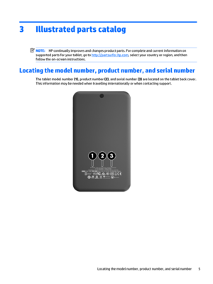 Page 113Illustrated parts catalog
NOTE:HP continually improves and changes product parts. For complete and current information on 
supported parts for your tablet, go to 
http://partsurfer.hp.com, select your country or region, and then 
follow the on-screen instructions.
Locating the model number, product number, and serial number
The tablet model number (1), product number (2), and serial number (3) are located on the tablet back cover. 
This information may be needed when travelling internationally or when...