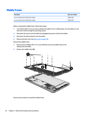 Page 26Middle frameDescriptionSpare part numberFor use on HP Stream 8 Tablet 59xx models796810-002For use on HP Stream 8 Tablet 58xx models796810-001
Before removing the middle frame, follow these steps:
1.Turn off the tablet. If you are unsure whether the tablet is off or in Hibernation, turn the tablet on, and 
then shut it down through the operating system.
2.Disconnect the power from the tablet by unplugging the power cord from the tablet.
3.Disconnect all external devices from the tablet.
4.Remove the back...