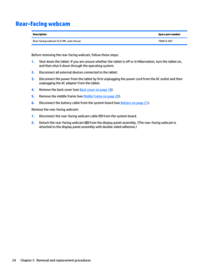 Page 30Rear-facing webcamDescriptionSpare part numberRear-facing webcam (5.0-MP, auto-focus)796815-001
Before removing the rear-facing webcam, follow these steps:
1.Shut down the tablet. If you are unsure whether the tablet is off or in Hibernation, turn the tablet on, 
and then shut it down through the operating system.
2.Disconnect all external devices connected to the tablet.
3.Disconnect the power from the tablet by first unplugging the power cord from the AC outlet and then 
unplugging the AC adapter from...