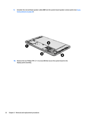 Page 389.Unsolder the red and black speaker cables (4) from the system board speaker contact points (see Front-
facing webcam on page 26).
10.Remove the two Phillips PM1.3×1.6 screws (1) that secure the system board to the 
display panel assembly.
32Chapter 5   Removal and replacement procedures 