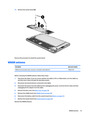 Page 3911.Remove the system board (2).
Reverse this procedure to install the system board.
WWAN antenna
DescriptionSpare part numberWWAN antenna (includes cable, transceiver, and double-sided adhesive)796823-001
Before removing the WWAN antenna, follow these steps:
1.Shut down the tablet. If you are unsure whether the tablet is off or in Hibernation, turn the tablet on, and then shut it down through the operating system.
2.Disconnect all external devices connected to the tablet.
3.Disconnect the power from the...