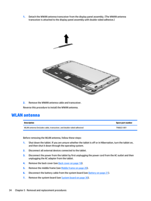 Page 401.Detach the WWAN antenna transceiver from the display panel assembly. (The WWAN antenna 
transceiver is attached to the display panel assembly with double-sided adhesive.)
2.Remove the WWAN antenna cable and transceiver.
Reverse this procedure to install the WWAN antenna.
WLAN antenna
DescriptionSpare part numberWLAN antenna (includes cable, transceiver, and double-sided adhesive)796822-001
Before removing the WLAN antenna, follow these steps:
1.Shut down the tablet. If you are unsure whether the tablet...