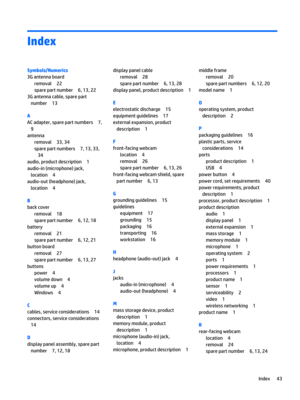 Page 49Index
Symbols/Numerics
3G antenna board
removal22
spare part number6, 13, 22
3G antenna cable, spare part number
13
A
AC adapter, spare part numbers7, 
9
antenna
removal33, 34
spare part numbers7, 13, 33, 
34
audio, product description1
audio-in (microphone) jack, location
4
audio-out (headphone) jack, location
4
B
back cover
removal18
spare part number6, 12, 18
battery
removal21
spare part number6, 12, 21
button board
removal27
spare part number6, 13, 27
buttons
power4
volume down4
volume up4
Windows4...