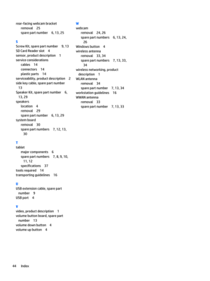 Page 50rear-facing webcam bracket
removal25
spare part number6, 13, 25
S
Screw Kit, spare part number9, 13
SD Card Reader slot4
sensor, product description1
service considerations
cables14
connectors14
plastic parts14
serviceability, product description2
side key cable, spare part number
13
Speaker Kit, spare part number6, 
13, 29
speakers
location4
removal29
spare part number6, 13, 29
system board
removal30
spare part numbers7, 12, 13, 
30
T
tablet
major components6
spare part numbers7, 8, 9, 10, 
11, 12...