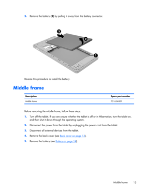 Page 212.
Remove the battery (3) by pulling it away from the battery connector.
Reverse this procedure to install the battery.
Middle frame
DescriptionSpare part number
Middle frame751654-001
Before removing the middle frame, follow these steps:
1.Turn off the tablet. If you are unsure whether the tablet is off or in Hibernation, turn the tablet on,
and then shut it down through the operating system.
2.Disconnect the power from the tablet by unplugging the power cord from the tablet.
3.Disconnect all external...