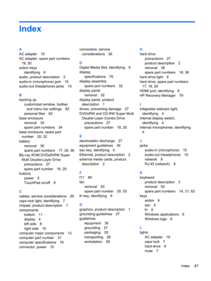 Page 95Index
A
AC adapter 10
AC adapter, spare part numbers
19, 20
action keys
identifying 6
audio, product description 2
audio-in (microphone) jack 10
audio-out (headphone) jacks 10
B
backing up
customized window, toolbar,
and menu bar settings 82
personal files 82
base enclosure
removal 34
spare part numbers 34
base enclosure, spare part
number 20, 22
battery
removal 36
spare part numbers 17, 20, 36
Blu-ray ROM DVD±R/RW Super
Multi Double-Layer Drive
precautions 27
spare part number 18, 20
buttons
power 5...