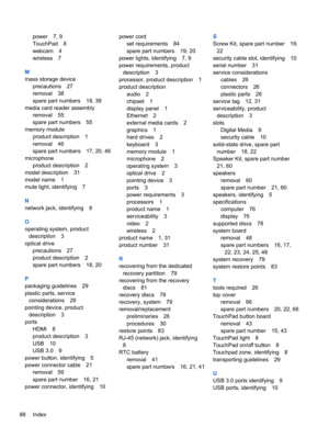 Page 96power 7, 9
TouchPad 8
webcam 4
wireless 7
M
mass storage device
precautions 27
removal 38
spare part numbers 18, 38
media card reader assembly
removal 55
spare part numbers 55
memory module
product description 1
removal 46
spare part numbers 17, 20, 46
microphone
product description 2
model description 31
model name 1
mute light, identifying 7
N
network jack, identifying 8
O
operating system, product
description 3
optical drive
precautions 27
product description 2
spare part numbers 18, 20
P
packaging...