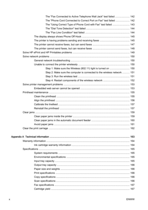 Page 12The "Fax Connected to Active Telephone Wall Jack" test failed .................... 142
The "Phone Cord Connected to Corr ect Port on Fax" test failed .................... 142
The "Using Correct Type of Phone  Cord with Fax" test failed ........................ 143
The "Dial Tone Detection"  test failed ......................... ..................................... 144
The "Fax Line Condition" test failed .............................