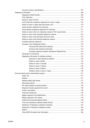 Page 13Acoustic emission specifications ..................................................................................... 167
Regulatory information ........................................ ............................................................................. 169
Regulatory Model Number ....................................... ........................................................ 169
FCC statement ....................................................