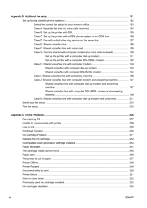 Page 14Appendix B  Additional fax setup ...................................................................................................................... 181
Set up faxing (parallel phone systems) ........................ ....................................................................  182
Select the correct fax setup for your home or office .......... ..............................................  183
Case A: Separate fax line (no voice calls received) ..............