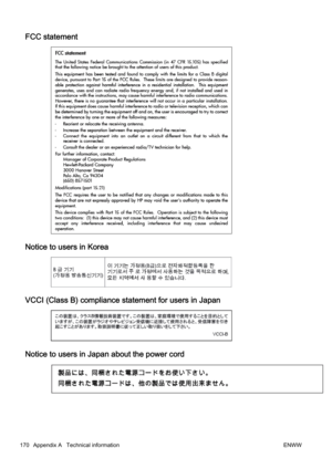 Page 186FCC statement
Notice to users in Korea
VCCI (Class B) compliance statement for users in Japan
Notice to users in Japan about the power cord
170 Appendix A   Technical information ENWW 